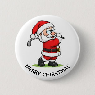 GOLFING SANTA MERRY CHRISTMAS 2 INCH ROUND BUTTON