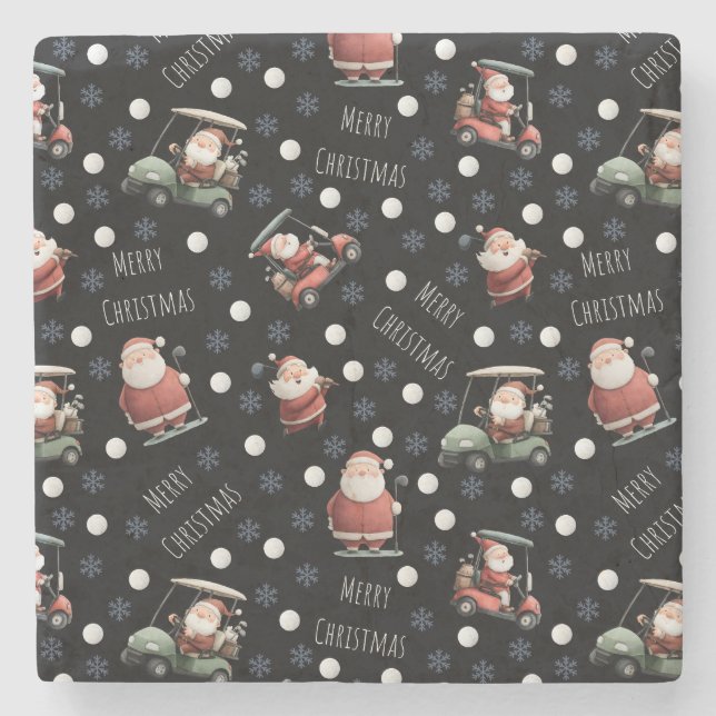 Golfing Santa on Black Stone Coaster (Front)
