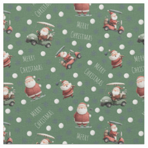 Golfing Santa on Hunter Green Fabric