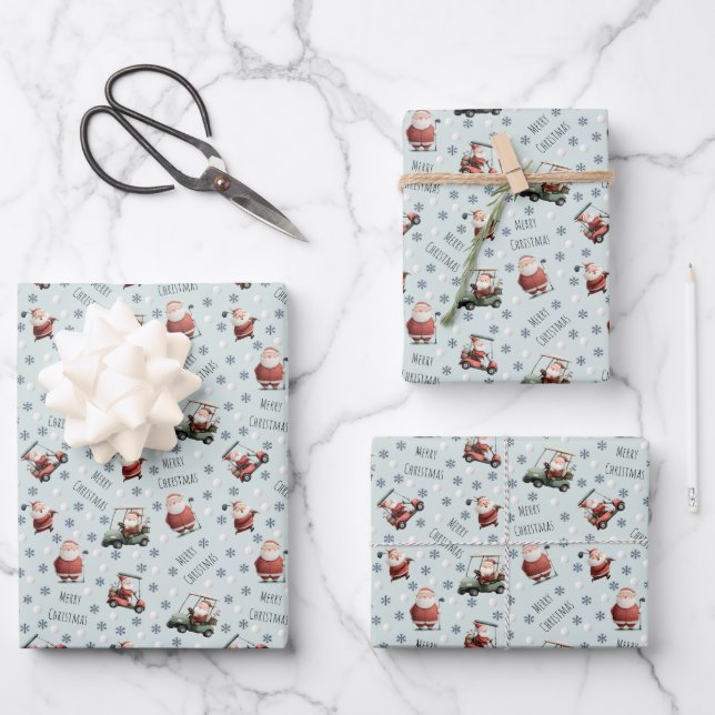 Golfing Santa on Pale Green Wrapping Paper Sheet (Front)
