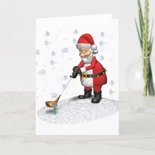 golfing santa while snowing holiday card