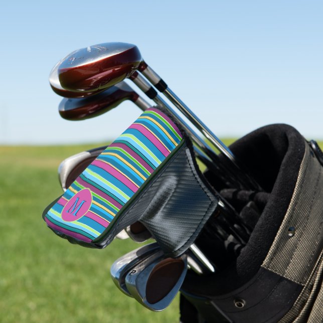 Golfing Summer Stripes Purple Turquoise Golf Towel Golf Head Cover (In Situ)