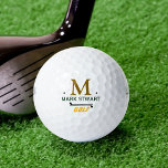 Golfplayer Initial / Name Custom Monogram Golf Balls<br><div class="desc">A golf-ball monogrammed with the name of your best golf-player. Bring some serious class to your swing with this personalized golf ball. It features a bold gold "M" monogram front and center, with the name “Mark Stwart” (editable) in a crisp black font underneath. Two golf clubs placed beneath the name...</div>