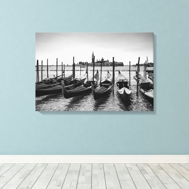 Gondolas in Venice in black and white Canvas Print (Insitu(Wood Floor))