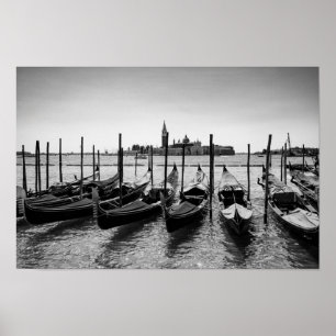 Gondolas in Venice in black and white Poster