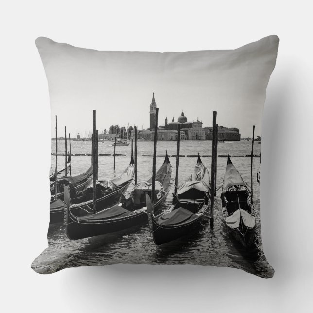Gondolas in Venice in black and white Throw Pillow (Front)
