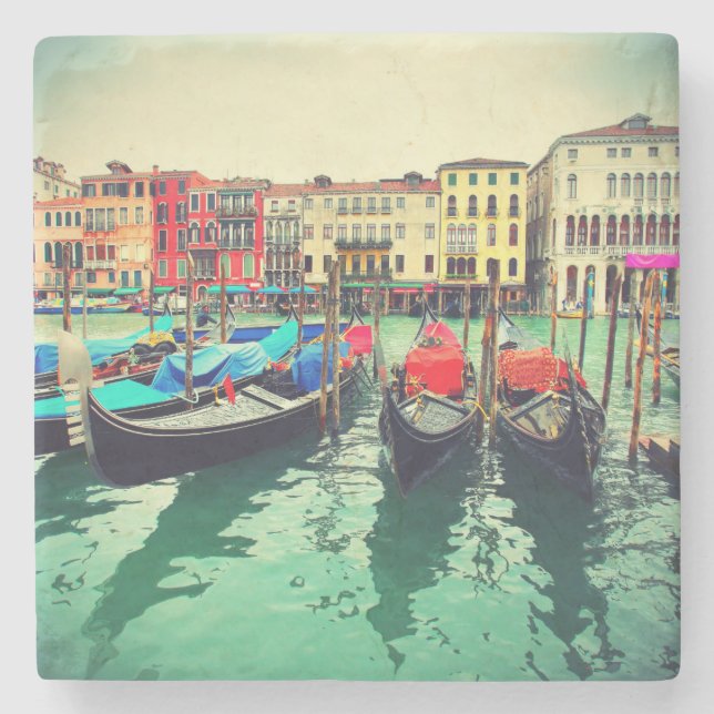 Gondolas On Grand Canal, Venice, Italy. Retro Stone Coaster (Front)