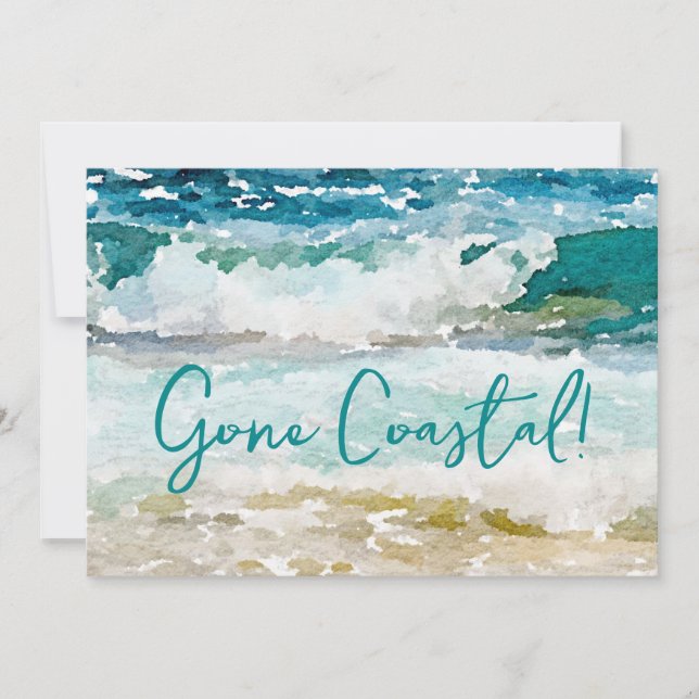 Gone Coastal New Home Wave On Beach Watercolor Announcement (Front)