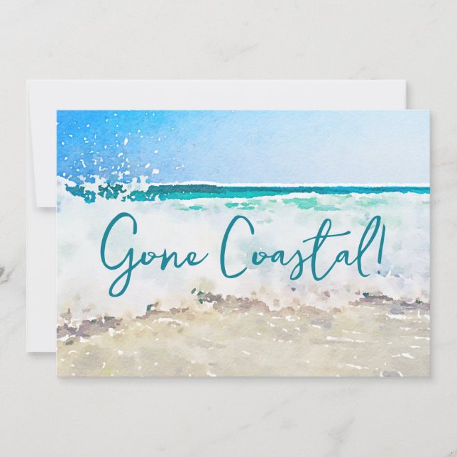 Gone Coastal New Home Wave On Beach Watercolor Announcement (Front)
