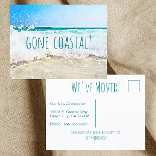 Gone Coastal New Home Wave On Beach Watercolor Announcement Postcard