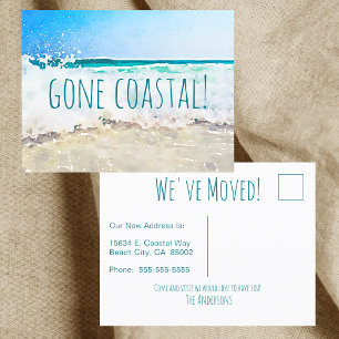 Gone Coastal New Home Wave On Beach Watercolor Announcement Postcard