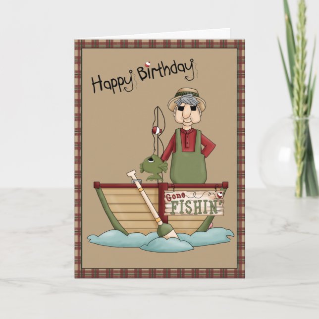 Gone Fishin Happy Birthday Greeting Card (Front)