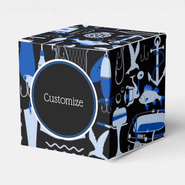 Gone Fishing Blue Pattern  Cube Favor Box (Front Side)