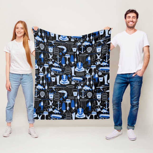 Gone Fishing Blue Pattern Fleece Blanket (In Situ)