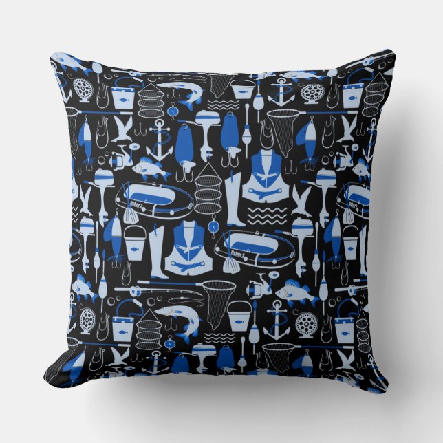 Gone Fishing Blue Pattern Throw Pillow (Front)