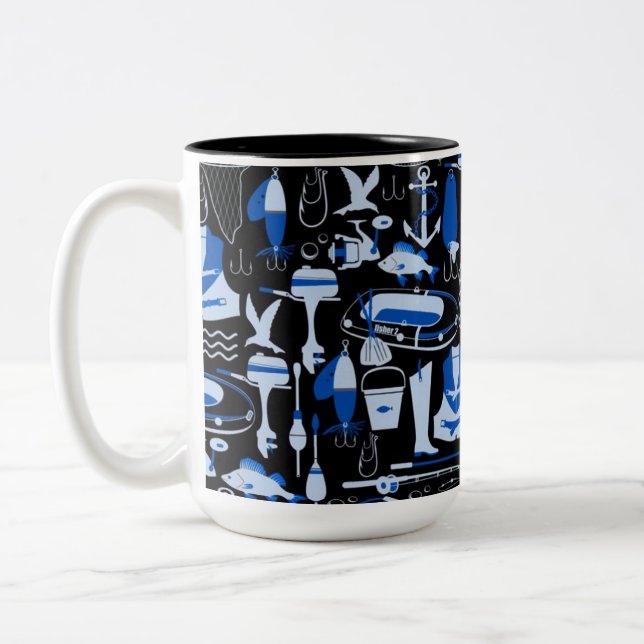 Gone Fishing Blue Pattern Two-Tone Coffee Mug (Left)