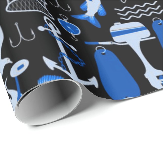 Gone Fishing Blue Pattern Wrapping Paper (Roll Corner)