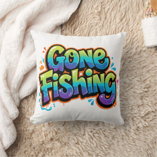 Gone Fishing Funny Rainbow Cartoon Gift for Fisher Throw Pillow