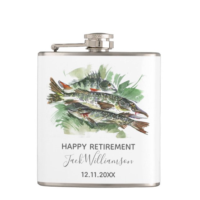 Gone Fishing Happy Retirement  Watercolor Pike Hip Flask (Front)