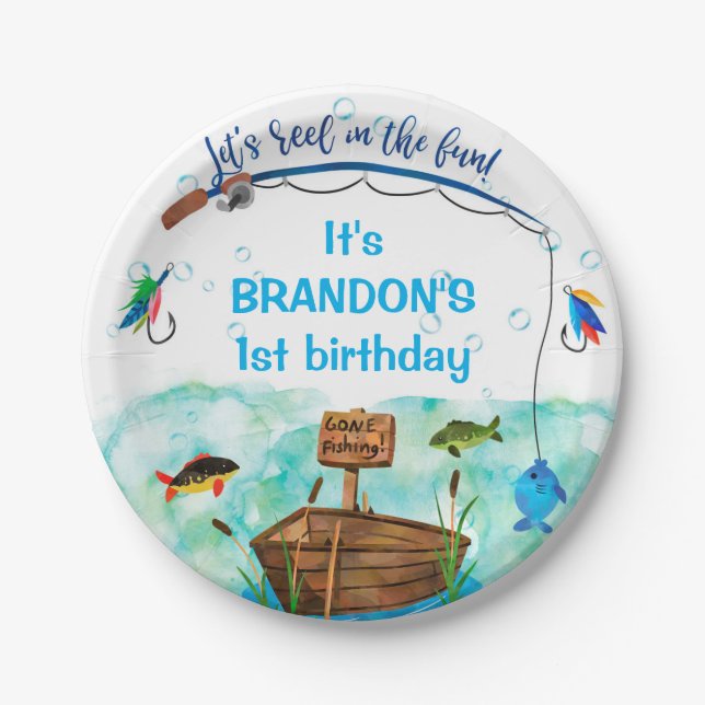 Gone fishing O-fish-ally fishing themed birthday  Paper Plate (Front)