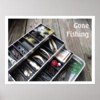 "Gone Fishing" Open Tackle Box on Dock
