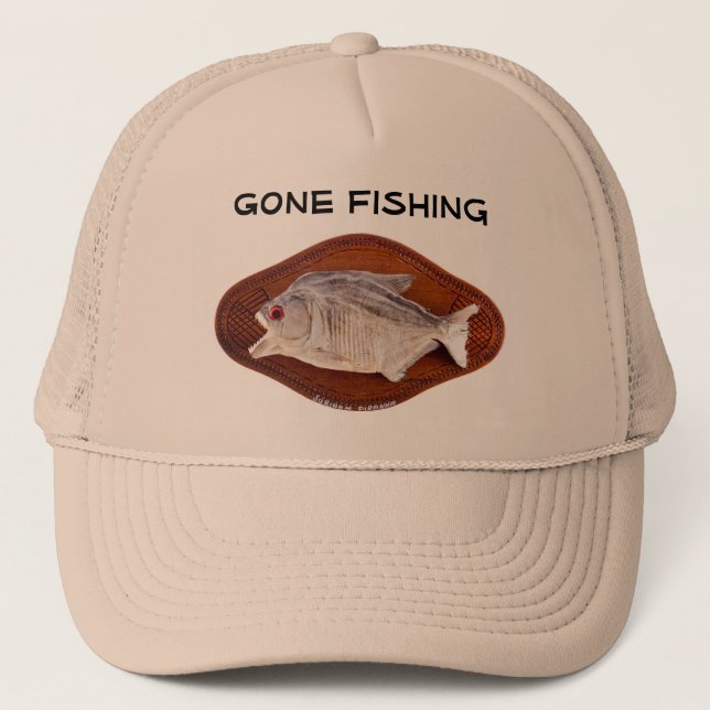 Gone Fishing sign on hat (Front)