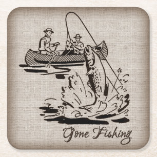 Gone Fishing Vintage Canoe Kayak Fish on Burlap Square Paper Coaster