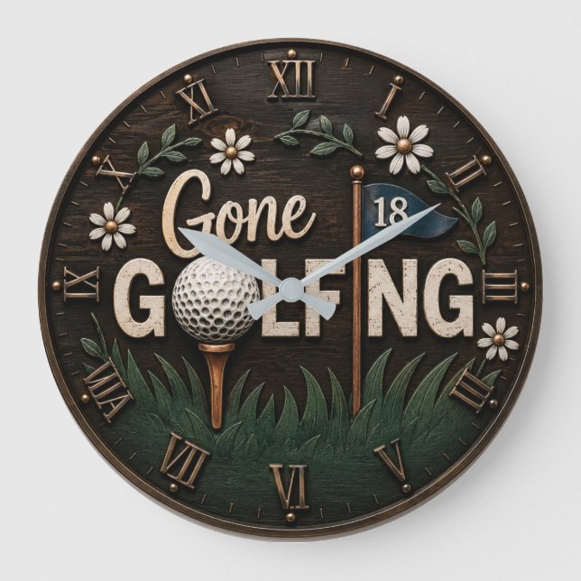 Gone Golfing Rustic Floral Golfer Gift Large Clock (Front)