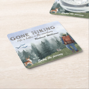 Gone Hiking Life is Better Mountains Hiker Deer  Square Paper Coaster