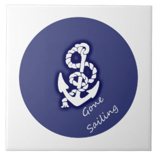 Gone Sailing White Anchor on Nautical Blue Tile