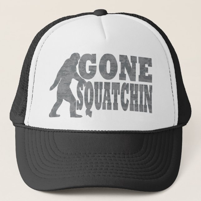 Gone squatchin black text & bigfoot trucker hat (Front)
