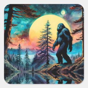 Gone Squatchin' Colorful Sasquatch Landscape Square Sticker