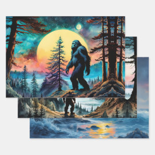 Gone Squatchin' Colorful Sasquatch Landscape Wrapping Paper Sheet