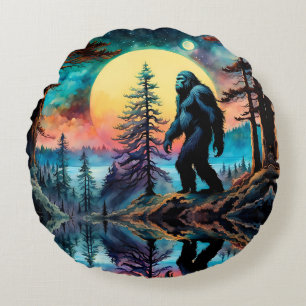 Gone Squatchin' Colourful Sasquatch Landscape Round Pillow