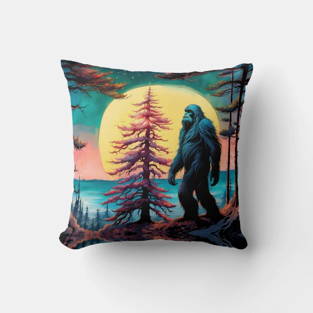 Gone Squatchin' Colourful Sasquatch Landscape Throw Pillow (Front)