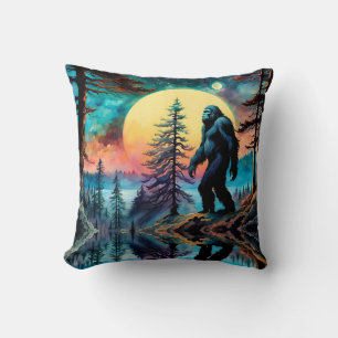 Gone Squatchin' Colourful Sasquatch Landscape Throw Pillow