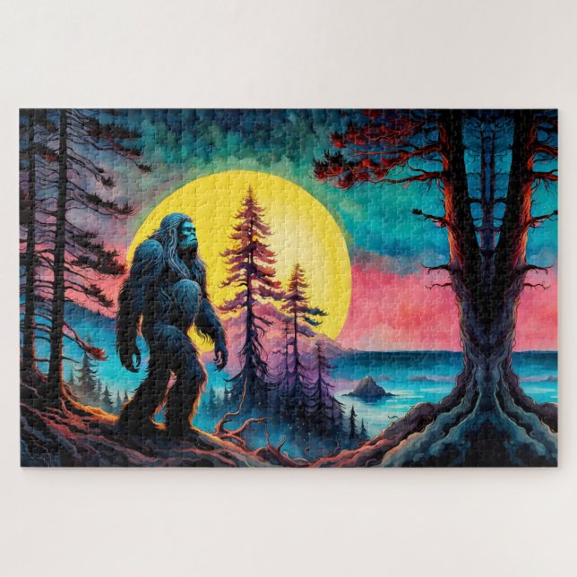 Gone Squatchin' Colourful Sasquatch Night Landscap Jigsaw Puzzle (Horizontal)
