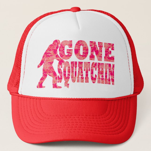 Gone squatchin red text slogan trucker hat (Front)
