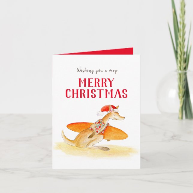 Gone to the beach cute surfing kangaroo Christmas Holiday Card (Front)
