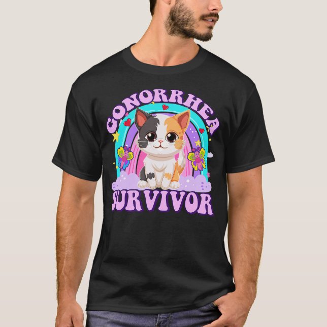 Gonorrhea Survivor Funny Cat Sarcastic Y2K Inappro T-Shirt (Front)