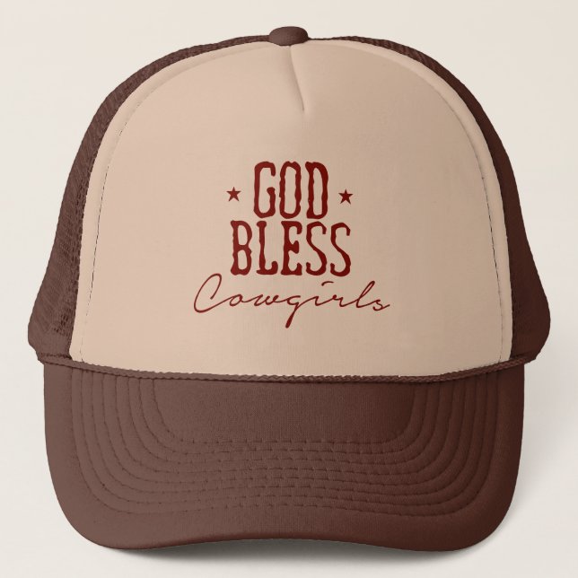 Good bless cowgirls, brown modern typography trucker hat (Front)