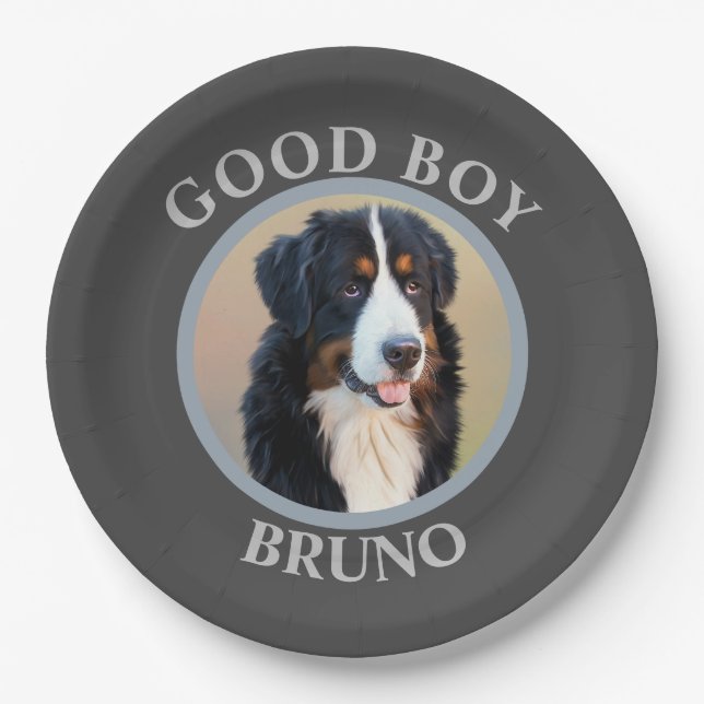 Good boy dog add photo text art grey modern paper plate (Front)