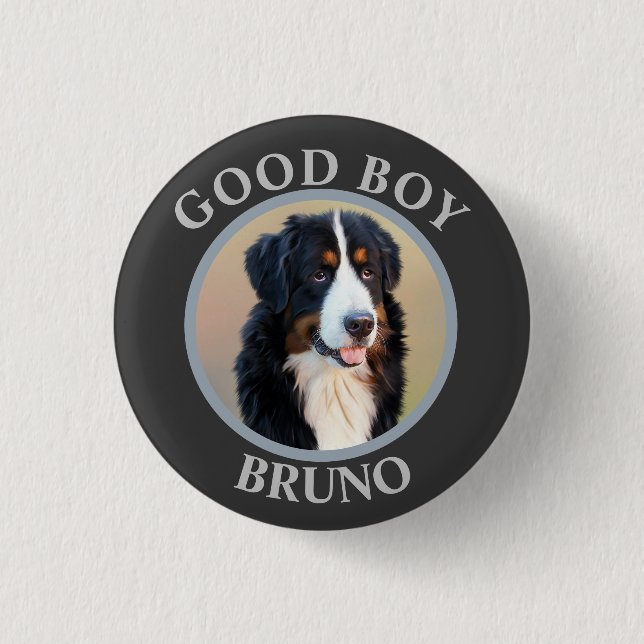 Good boy dog photo text polka dots grey modern 1 inch round button (Front)