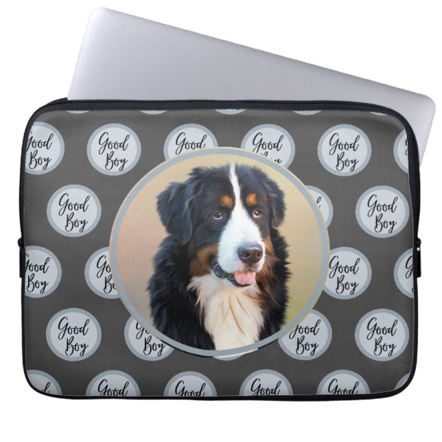 Good boy dog photo text polka dots grey modern laptop sleeve (Front)