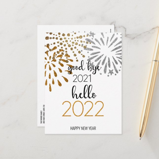 Good Bye 2021 Hello 2022 | Festive Fireworks Holiday Postcard (Front/Back In Situ)