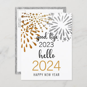 Good Bye 2023 Hello 2024 Festive Fireworks Gold  Holiday Postcard