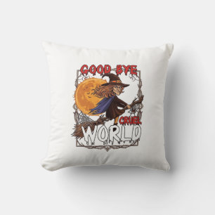 Good Bye Cruel World Witch Halloween Full Moon Spi Throw Pillow