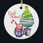 Good Cheer! Tree, Hot Chocolate, Family Names  Ceramic Ornament<br><div class="desc">Good Cheer! Tree, Hot Chocolate, Family Names Ceramic Ornament - A watercolor Christmas Ornament with a stylized tree with star on top paired with a gorgeous mug of hot chocolate with whipped cream and a candy cane. The greeting "Good Cheer" is different and still very welcoming. The opposite side of...</div>
