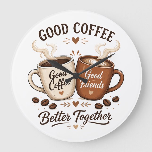 Good Coffee Good Friends with two coffee cups Large Clock (Front)