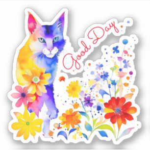 Good Day   Watercolor Cat and Flowers 